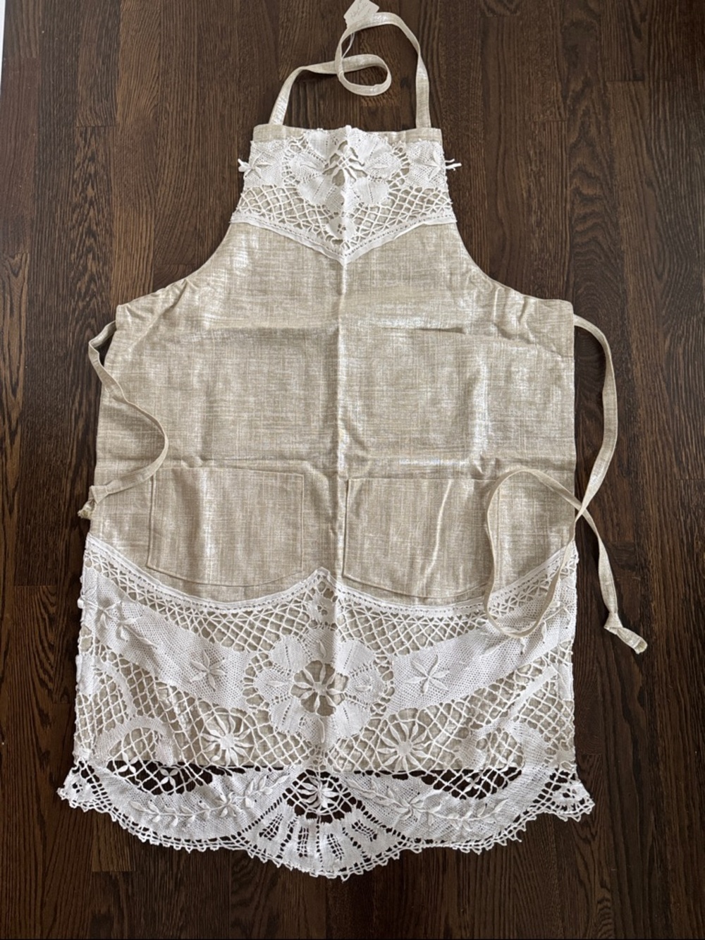 Handmade Lace Trim Natural/Metallic Adjustable Apron